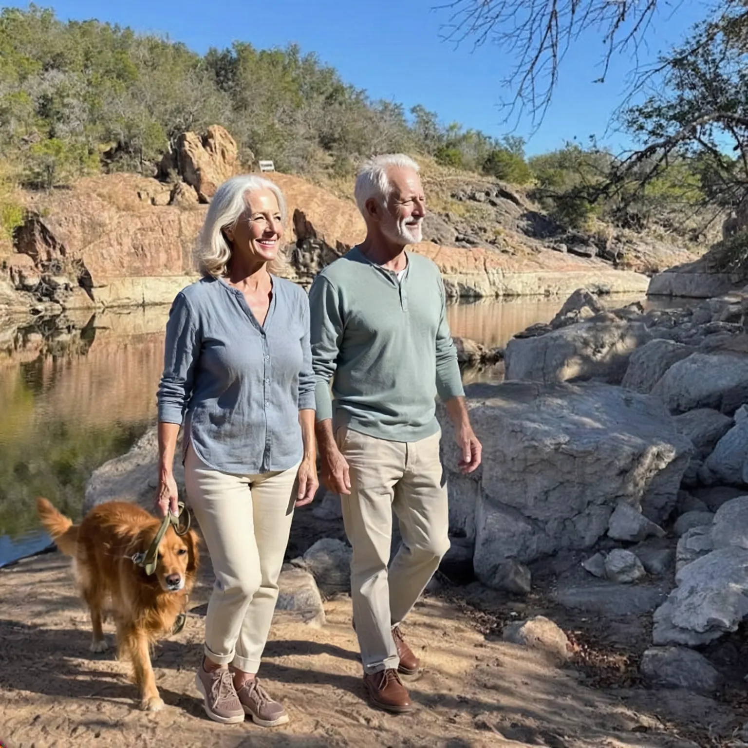 Active couple walking their dog along Lake LBJ in the Texas Hill Country after non-surgical foot and ankle care from Dr. Frank Henry at Marble Falls Podiatrist.