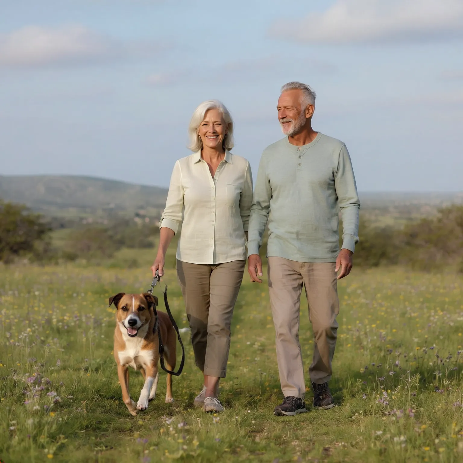 Active couple walking their dog through a Texas Hill Country wildflower meadow after non-surgical treatment for adult-acquired flat foot and arch pain at Marble Falls Podiatrist.