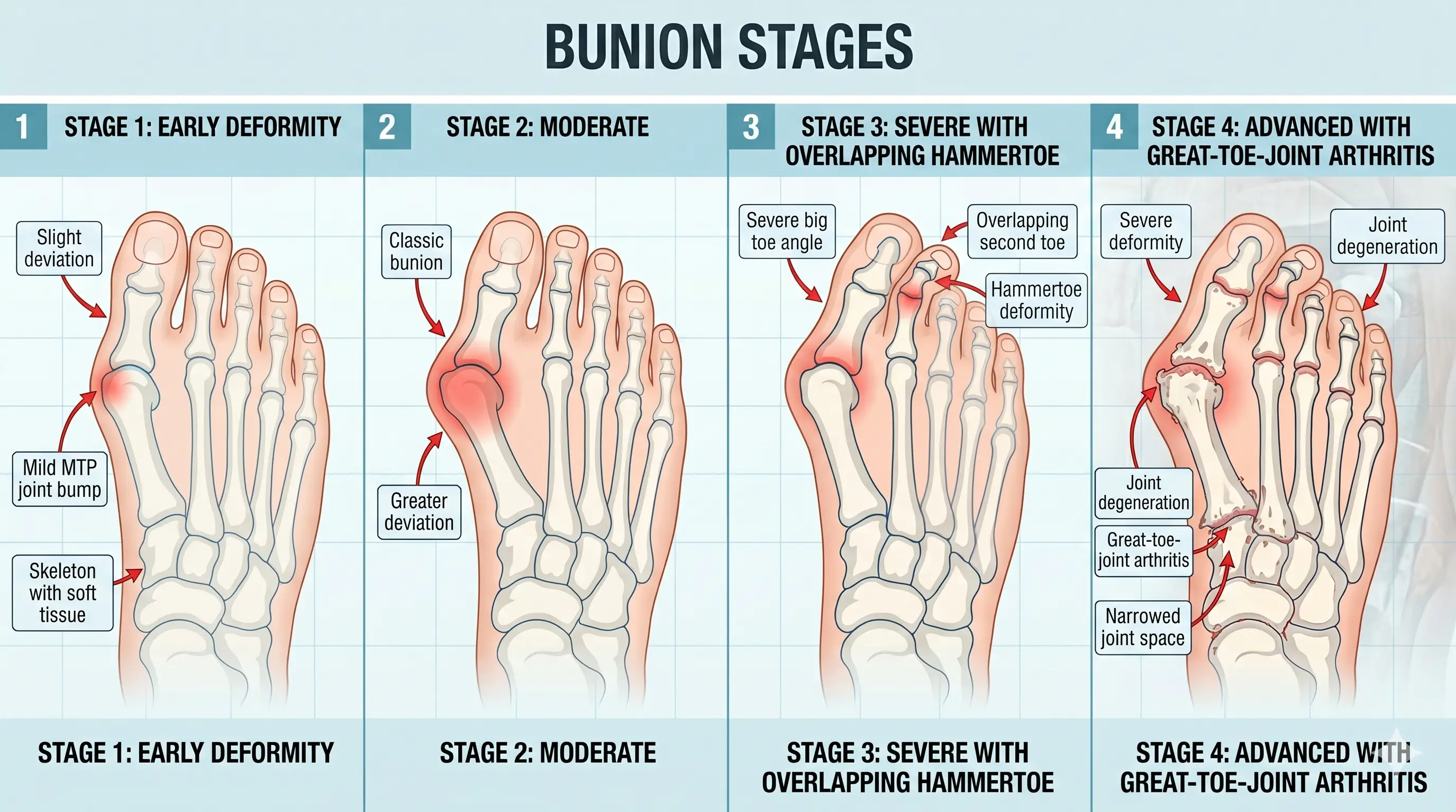 Illustration showing the four stages of bunion progression — from mild lateral deviation of the big toe to severe deformity — the kind of progression Dr. Henry's non-surgical bunion care at Marble Falls Podiatrist is designed to halt or slow.