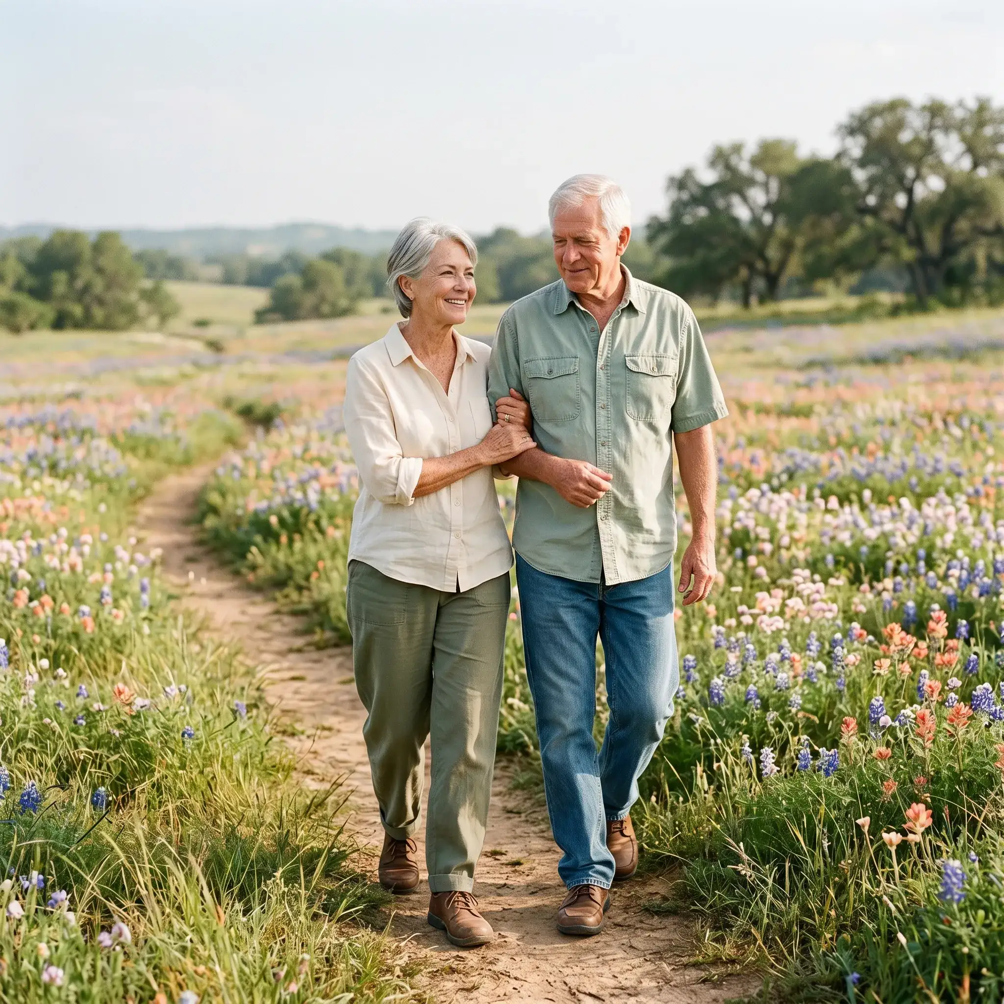 Couple walking together on a Texas Hill Country wildflower path after non-surgical treatment for foot neuropathy and balance issues at Marble Falls Podiatrist.