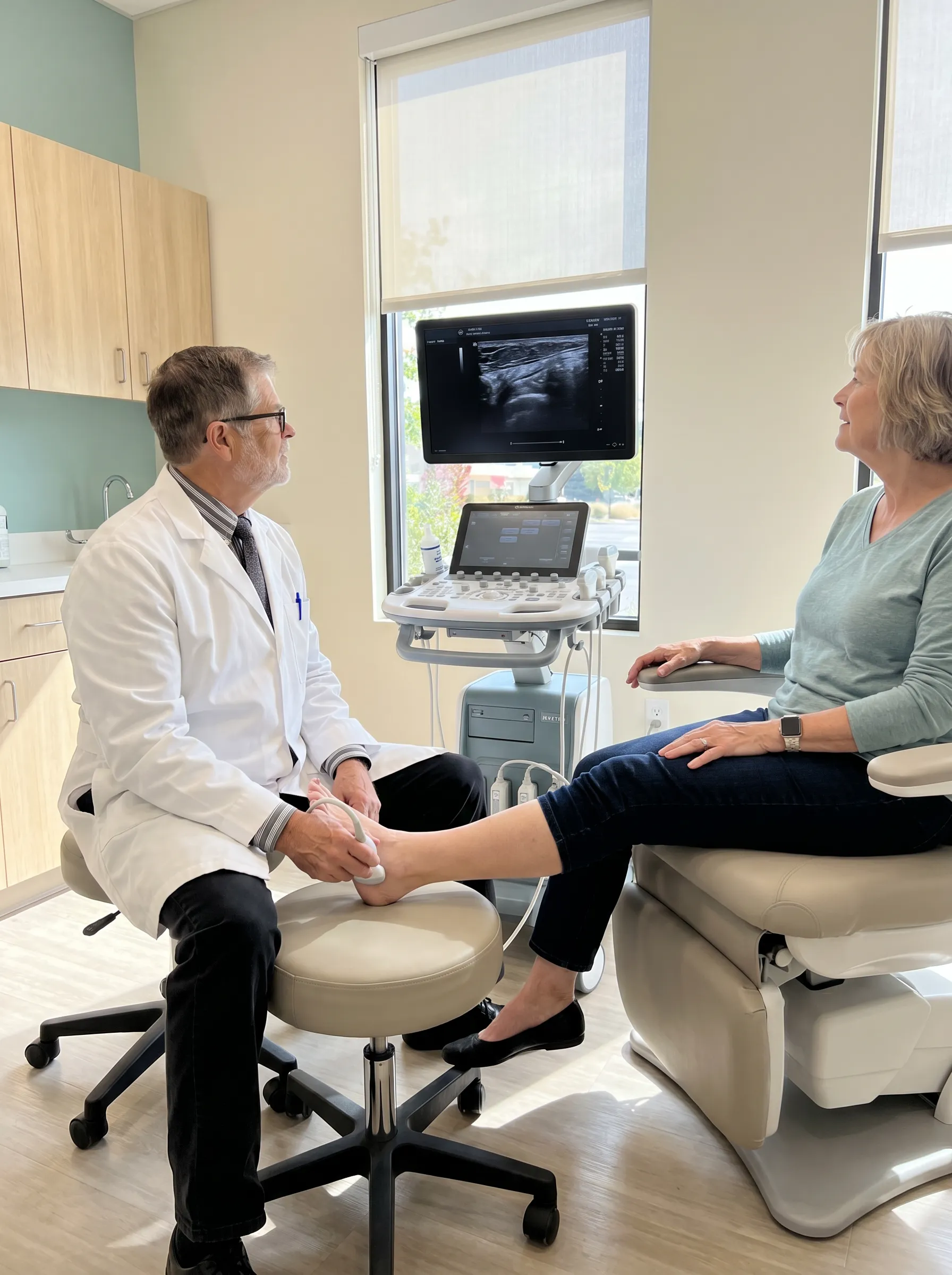 Dr. Frank Henry, DPM, FACFAS performing diagnostic musculoskeletal ultrasound for adult-acquired flat foot at his Marble Falls, Texas clinic.
