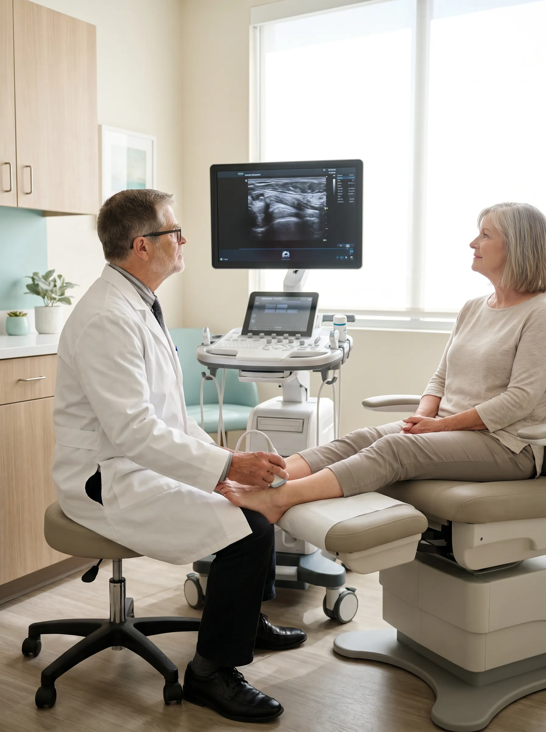 Dr. Frank Henry performing in-office musculoskeletal ultrasound during a patient's first visit at Marble Falls Podiatrist.
