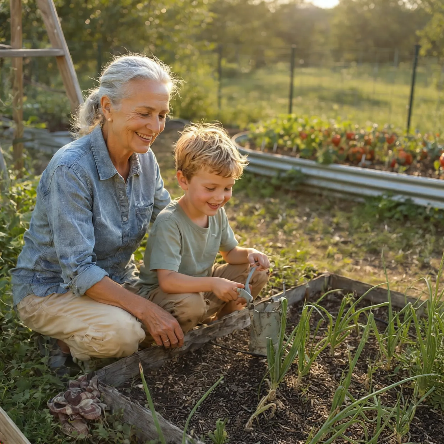 Grandmother gardening with her grandchild in a Texas Hill Country garden — the kind of activity that aggravates bunions and that Dr. Henry's non-surgical bunion care at Marble Falls Podiatrist is designed to protect.