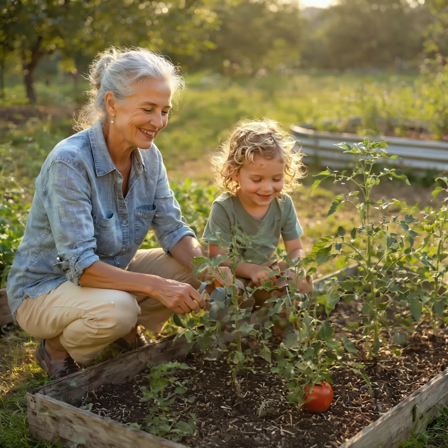 Active grandmother in her 70s tending to a Hill Country vegetable garden with her grandchild after non-surgical foot and ankle arthritis treatment from Dr. Frank Henry at Marble Falls Podiatrist.