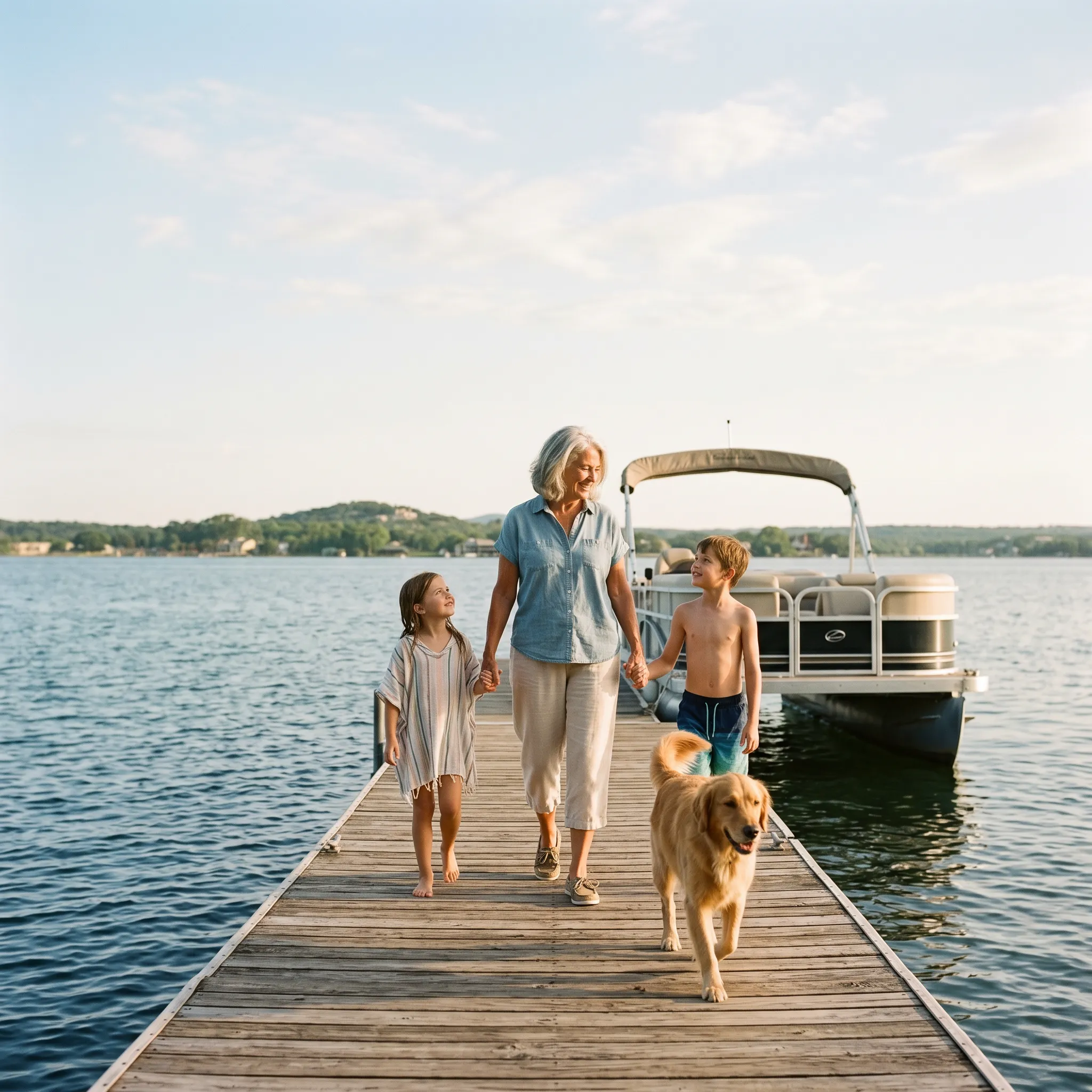 Grandmother walking with her grandchildren on a Lake LBJ dock after non-surgical plantar fasciitis and heel pain treatment at Marble Falls Podiatrist.