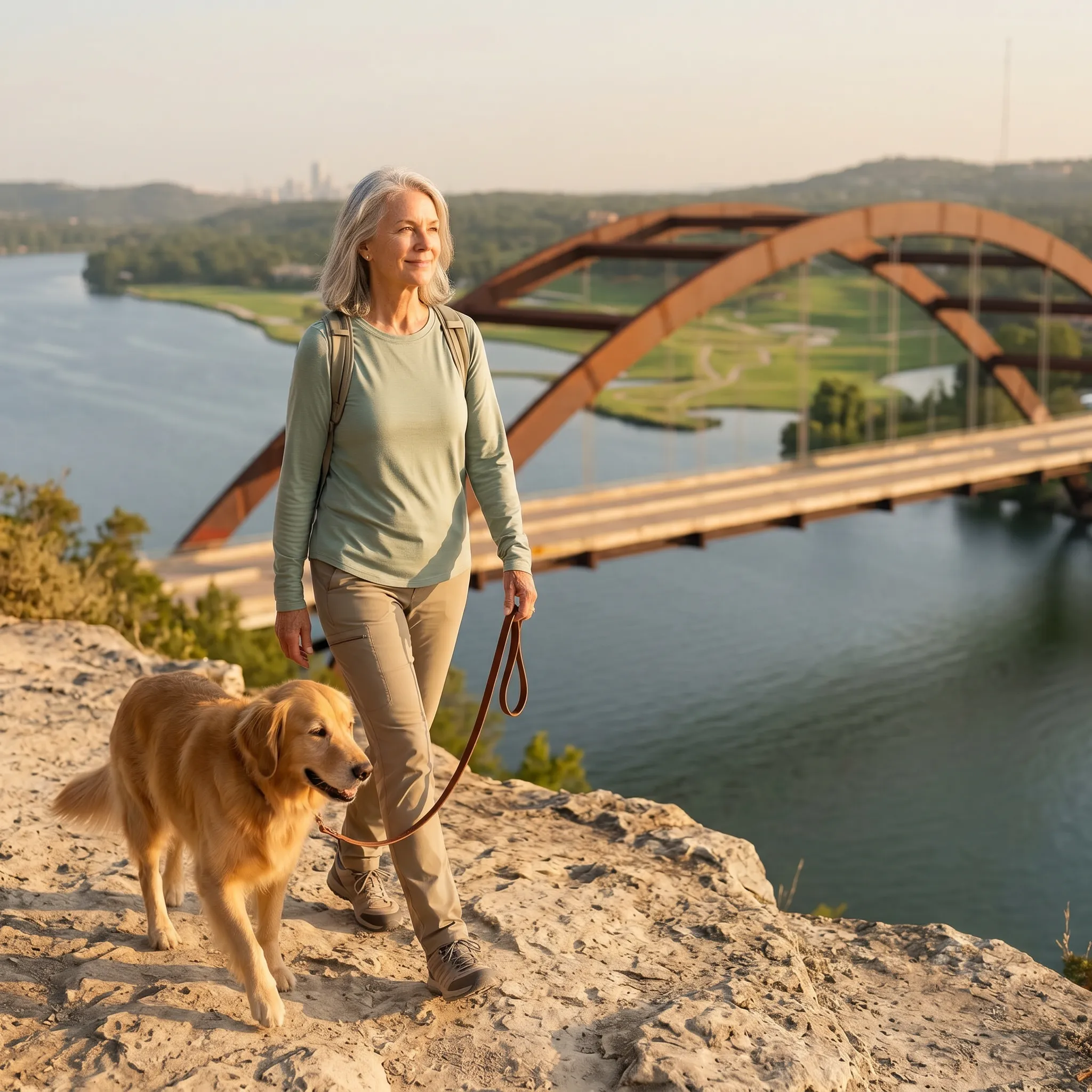 Active woman in her 60s walking the Pennybacker Bridge overlook trail above Lake Austin after a foot and ankle surgery second opinion from Dr. Frank Henry at Marble Falls Podiatrist.
