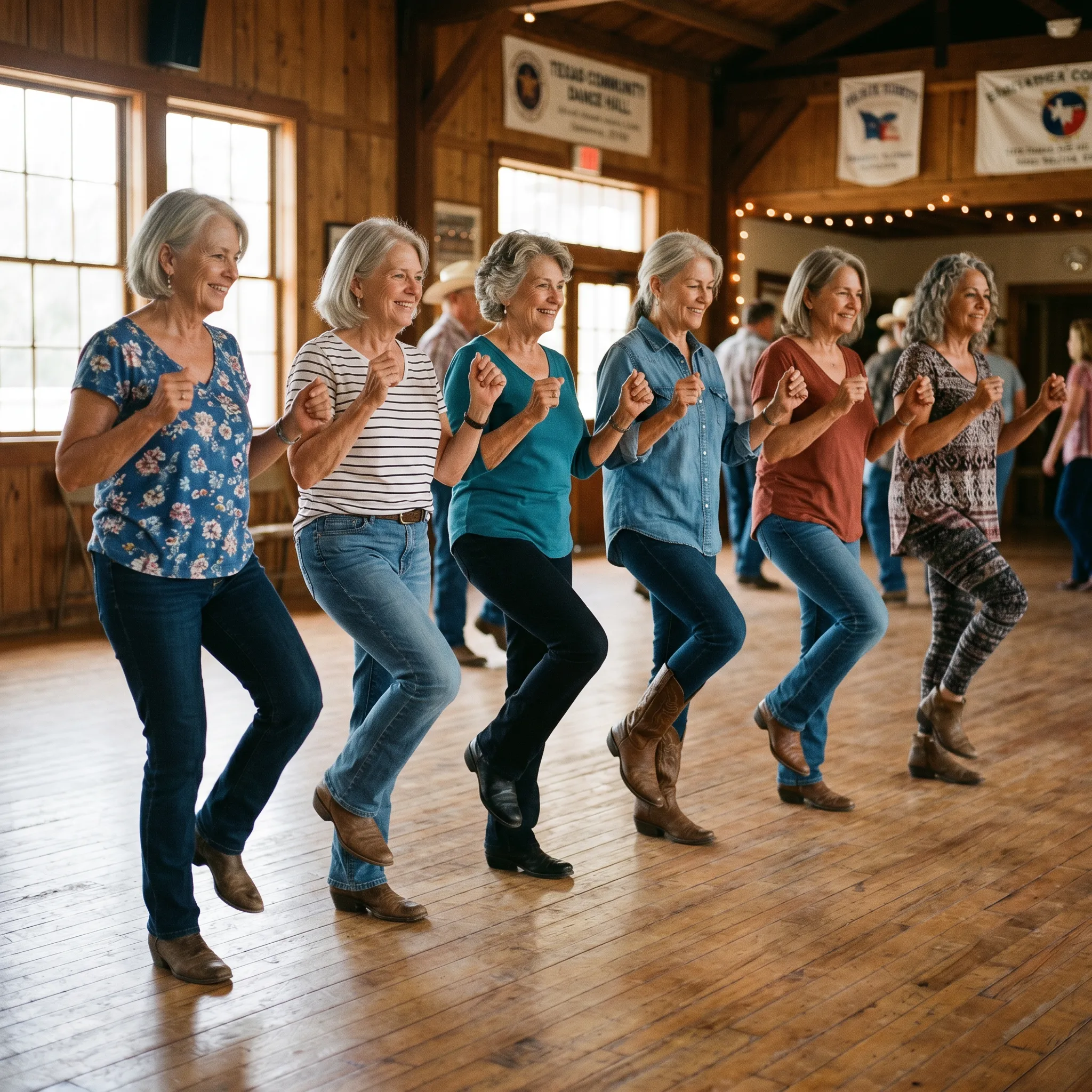 Women in their sixties and seventies line dancing together at a Texas community dance hall after non-surgical foot neuropathy treatment at Marble Falls Podiatrist.
