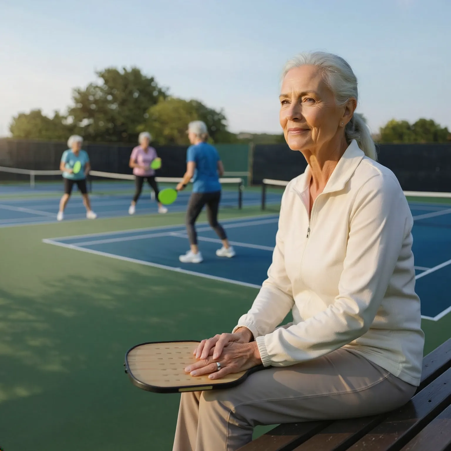Woman watching from the sidelines as her friends play pickleball in the Texas Hill Country — sidelined by foot pain Dr. Frank Henry treats non-surgically at Marble Falls Podiatrist.